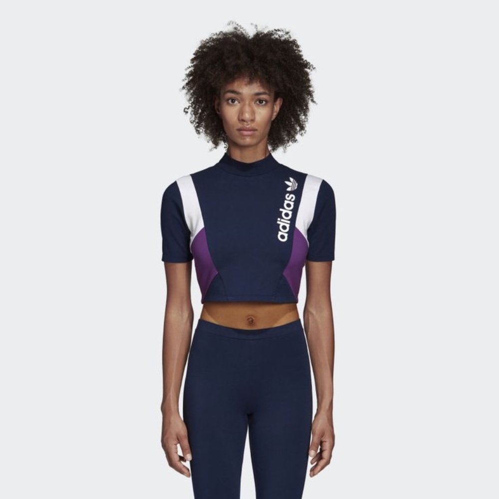 Adidas Cropped Tee T-Shirt - Purple and Collegiate Navy - Retro Size L